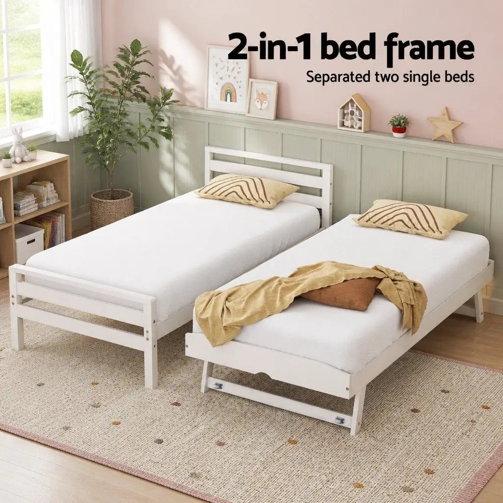 Single Bed Frame 2-in-1 Trundle White Wooden Pinewood Slatted Bedroom