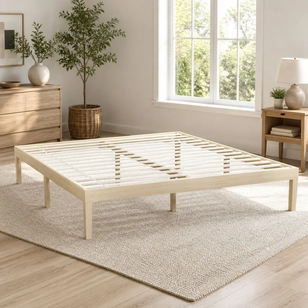 King Size Wooden Bed Frame Pine Slatted Base Minimalist Platform Bedroom