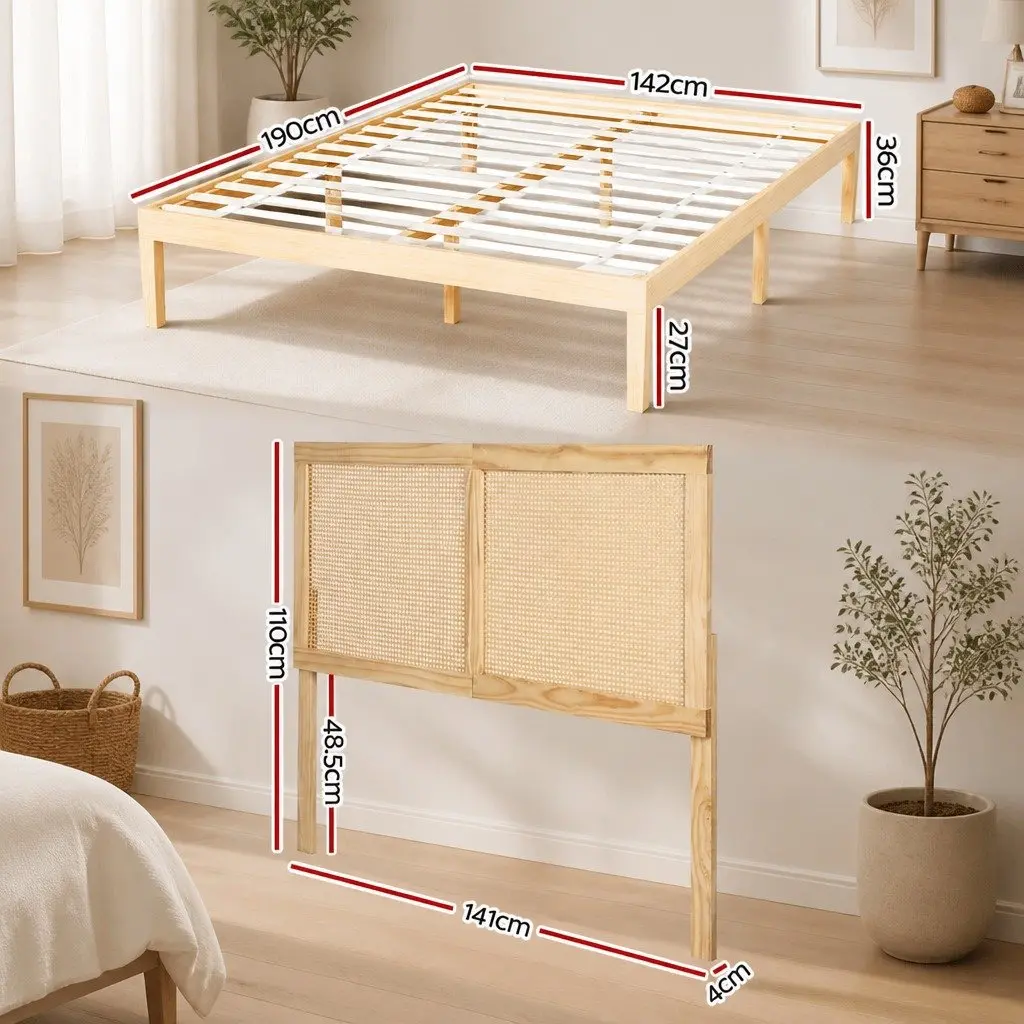 Double Bed Frame with Rattan Headboard Wooden Slatted Base Pine Bedroom