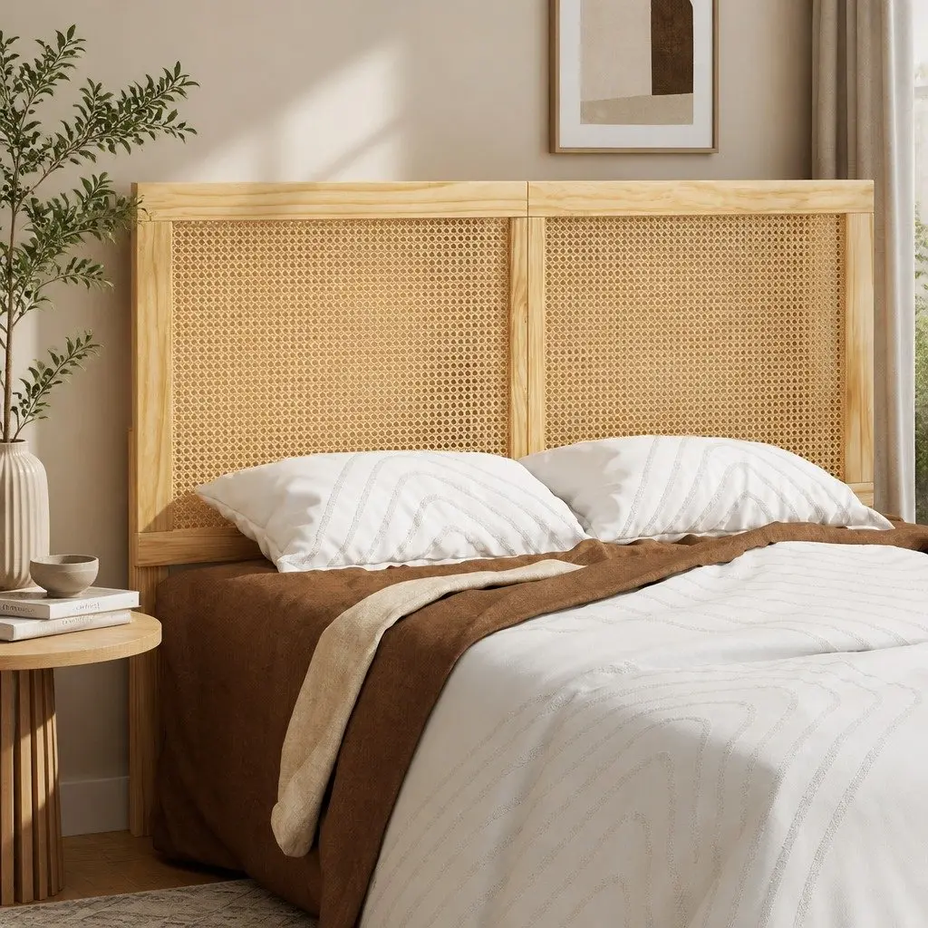 Double Bed Frame with Rattan Headboard Wooden Slatted Base Pine Bedroom