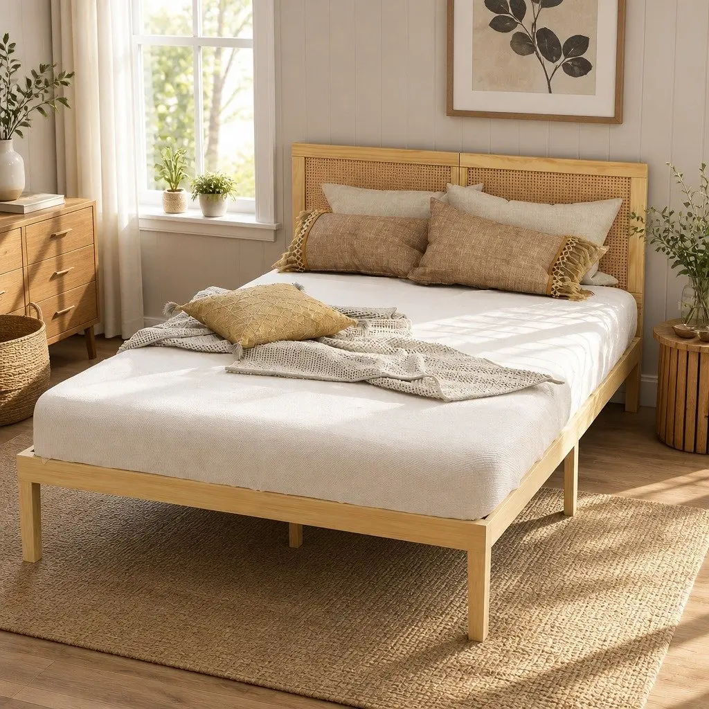 Double Bed Frame with Rattan Headboard Wooden Slatted Base Pine Bedroom