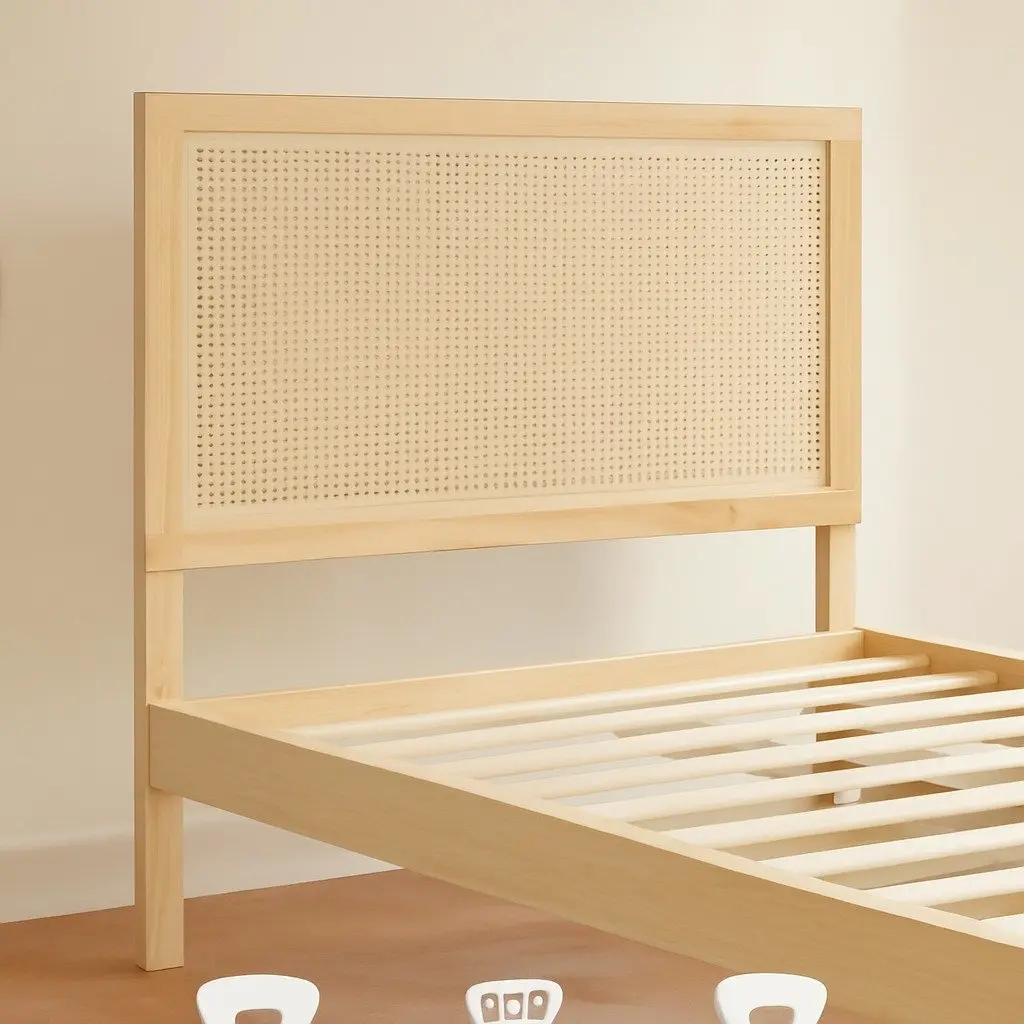 Queen Size Bed Frame for Bedroom with Rattan Headboard Wooden Base Pine Oak