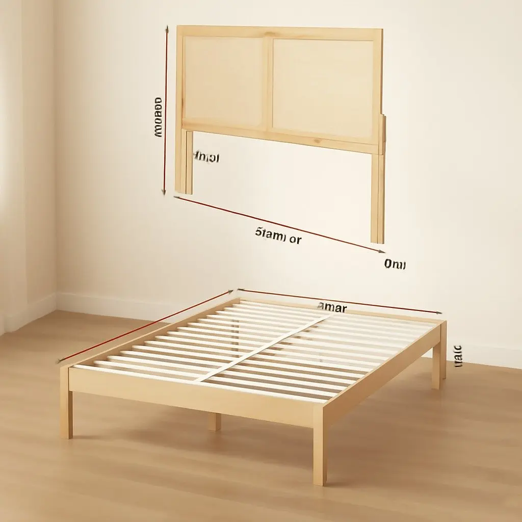 Queen Size Bed Frame for Bedroom with Rattan Headboard Wooden Base Pine Oak