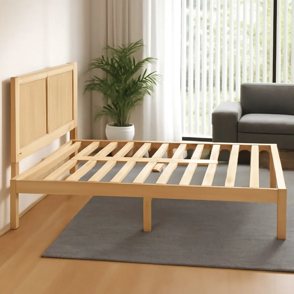 Queen Size Bed Frame for Bedroom with Rattan Headboard Wooden Base Pine Oak
