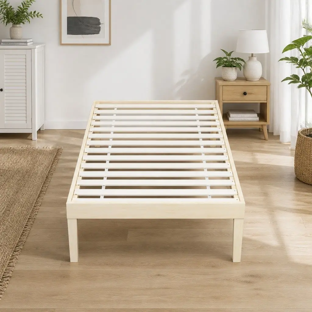 Single Bed Frame Wooden Base Pinewood Slatted Mattress Platform Easy Assembly