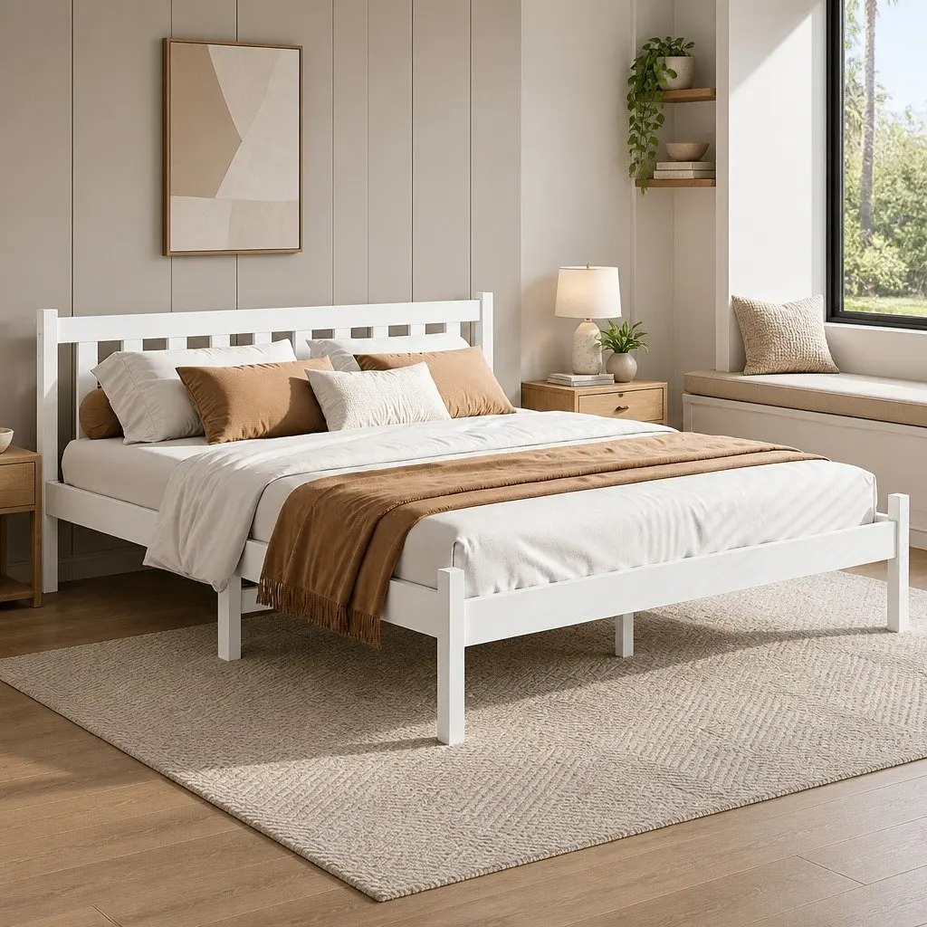 Double Bed Frame White Wooden Slat Base Headboard Furniture Bedroom Sleep
