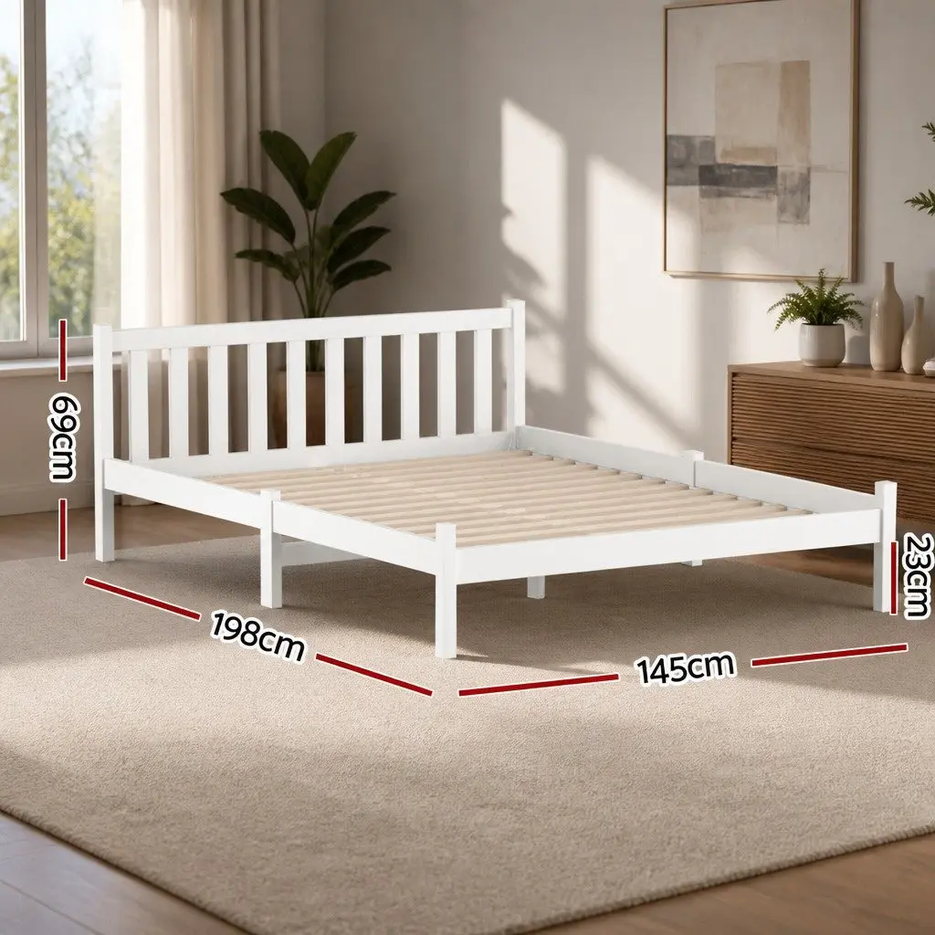 Double Bed Frame White Wooden Slat Base Headboard Furniture Bedroom Sleep