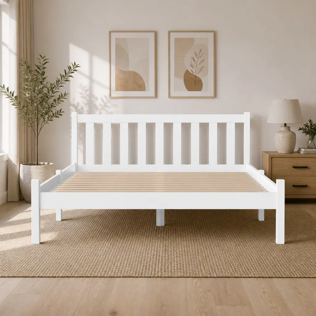 Double Bed Frame White Wooden Slat Base Headboard Furniture Bedroom Sleep