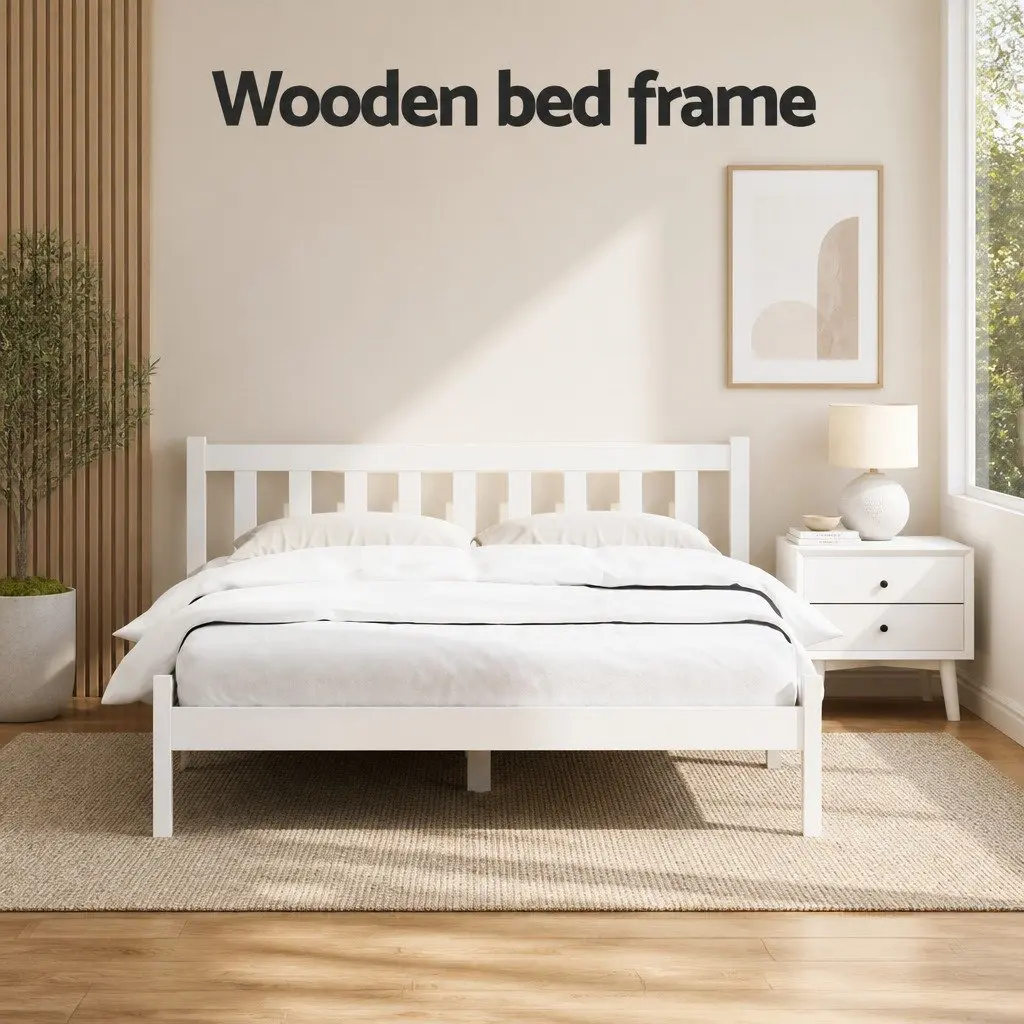 Double Bed Frame White Wooden Slat Base Headboard Furniture Bedroom Sleep