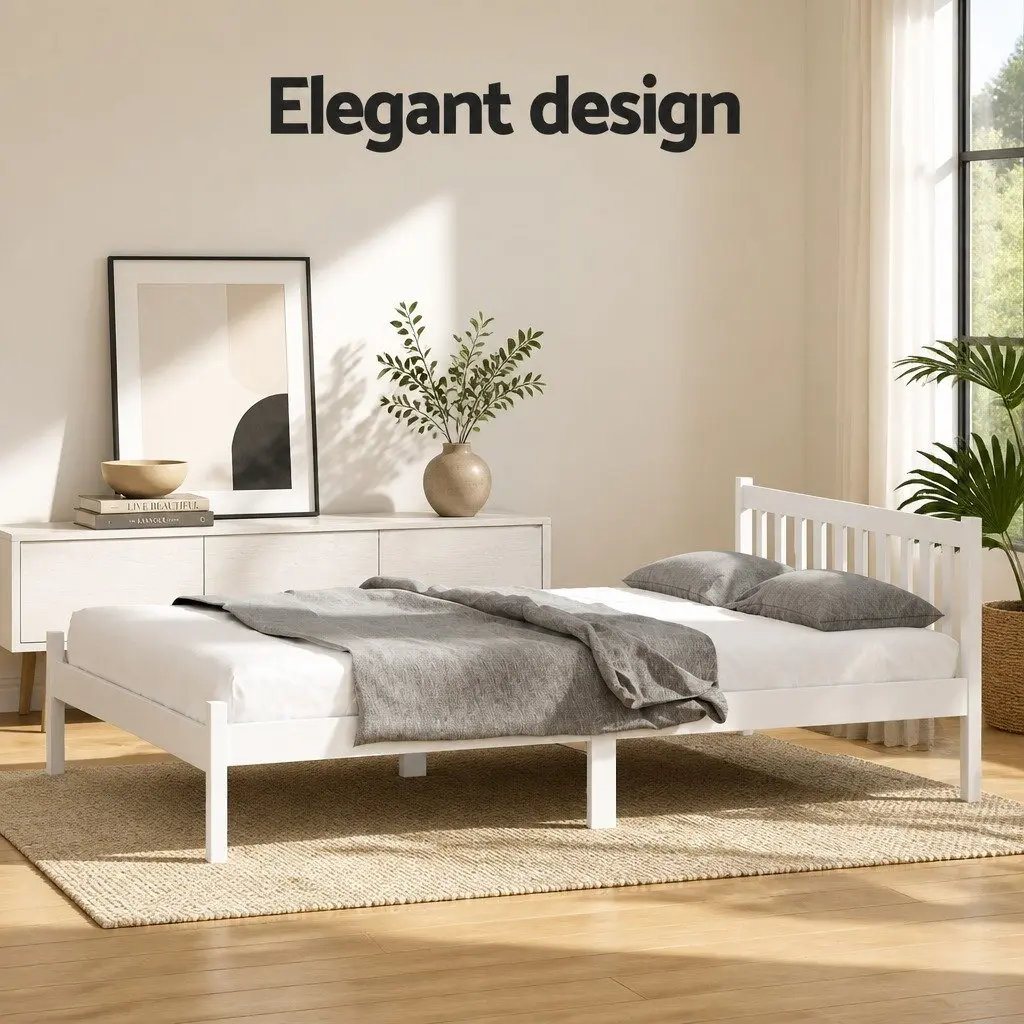 Double Bed Frame White Wooden Slat Base Headboard Furniture Bedroom Sleep
