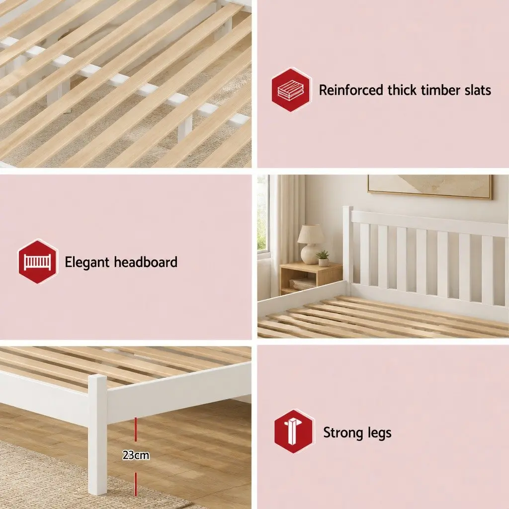 Double Bed Frame White Wooden Slat Base Headboard Furniture Bedroom Sleep