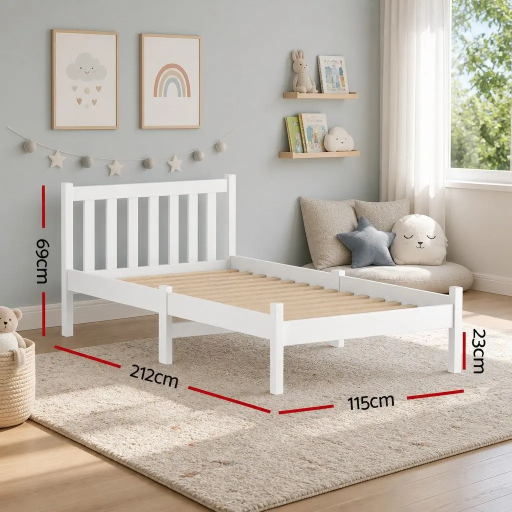 King Single Bed Frame White Wooden Pine Timber Bedroom Bed Base with Headboard