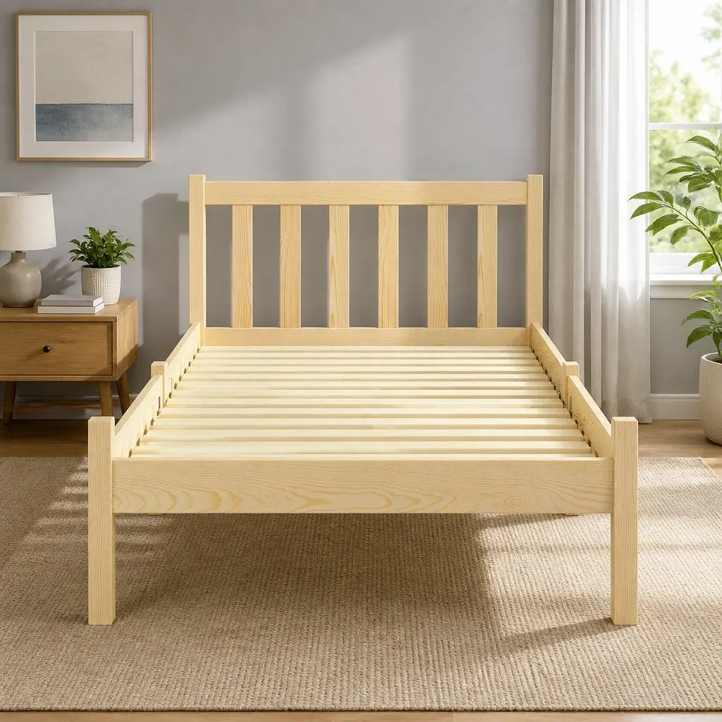 Single Bed Frame Wooden Pine Oak Bedroom Furniture with Storage 198cm x 98cm x 69cm