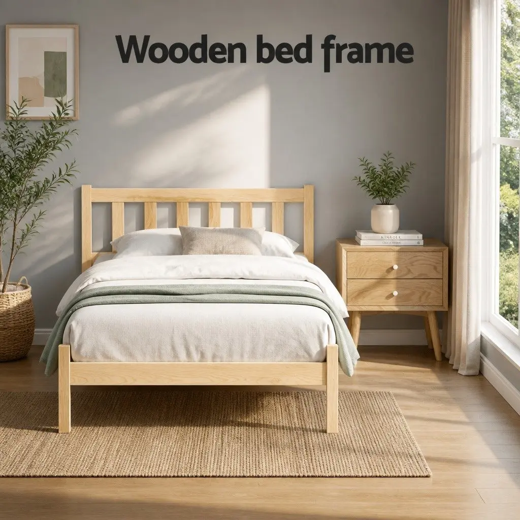 Single Bed Frame Wooden Pine Oak Bedroom Furniture with Storage 198cm x 98cm x 69cm
