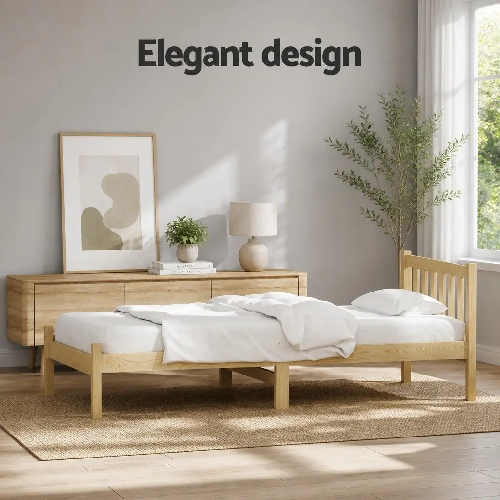Single Bed Frame Wooden Pine Oak Bedroom Furniture with Storage 198cm x 98cm x 69cm