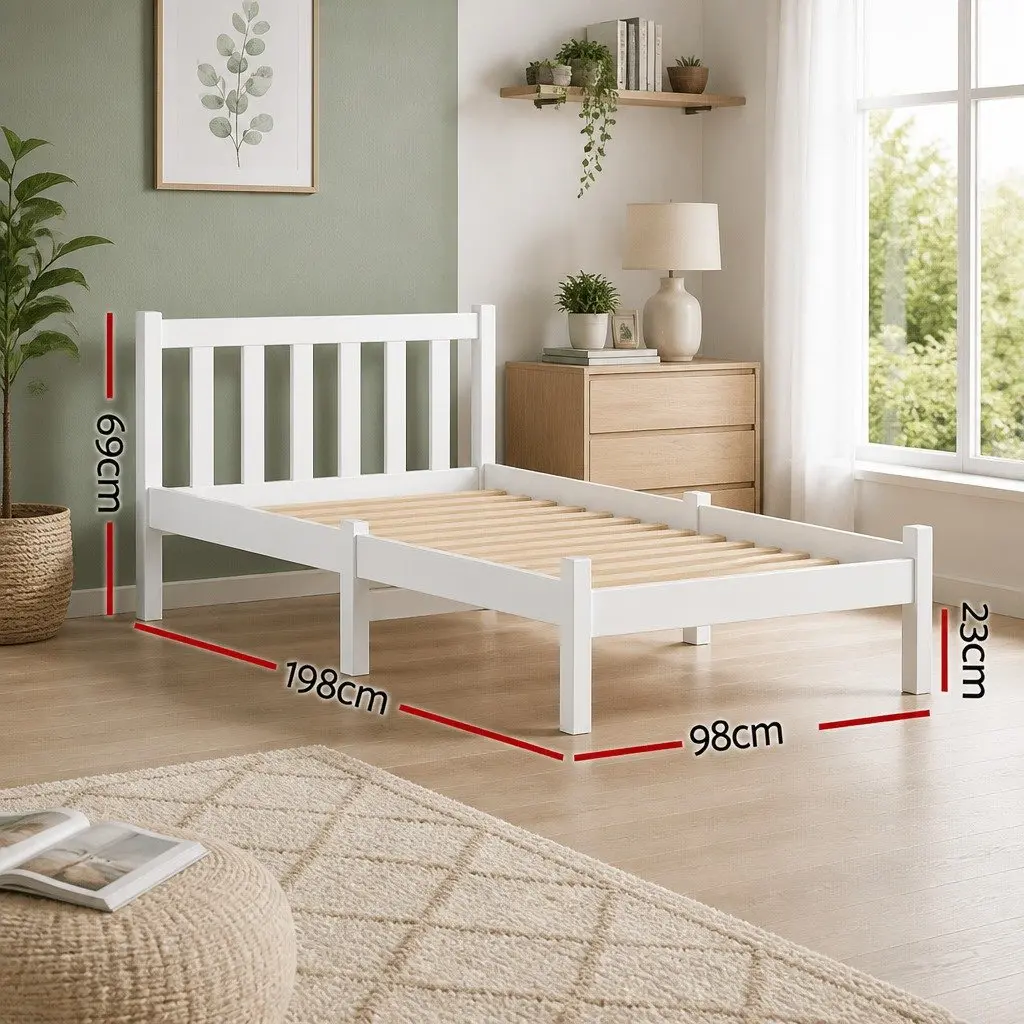 Single Wooden Bed Frame White Bedroom Furniture Pine Slat Base Headboard