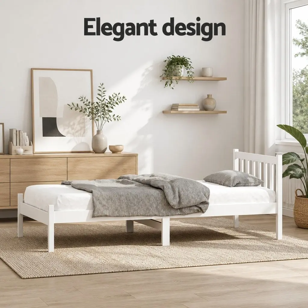 Single Wooden Bed Frame White Bedroom Furniture Pine Slat Base Headboard