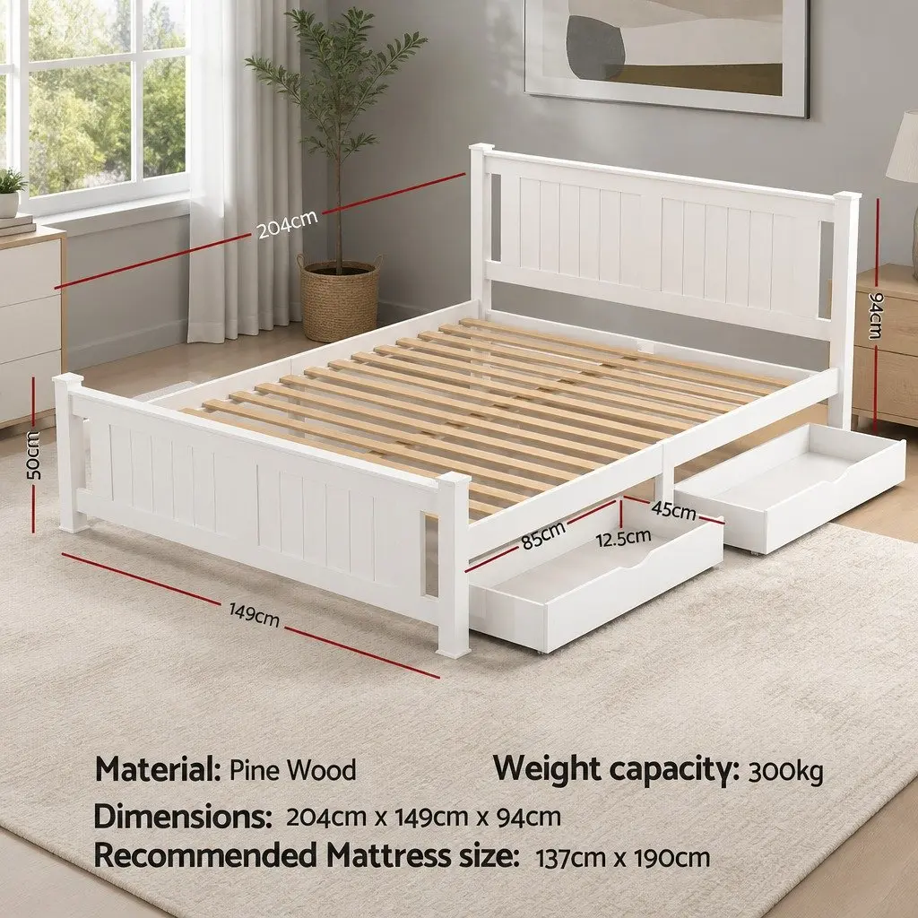 Double Bed Frame Wooden Platform White Storage Drawers Slat Base Australian