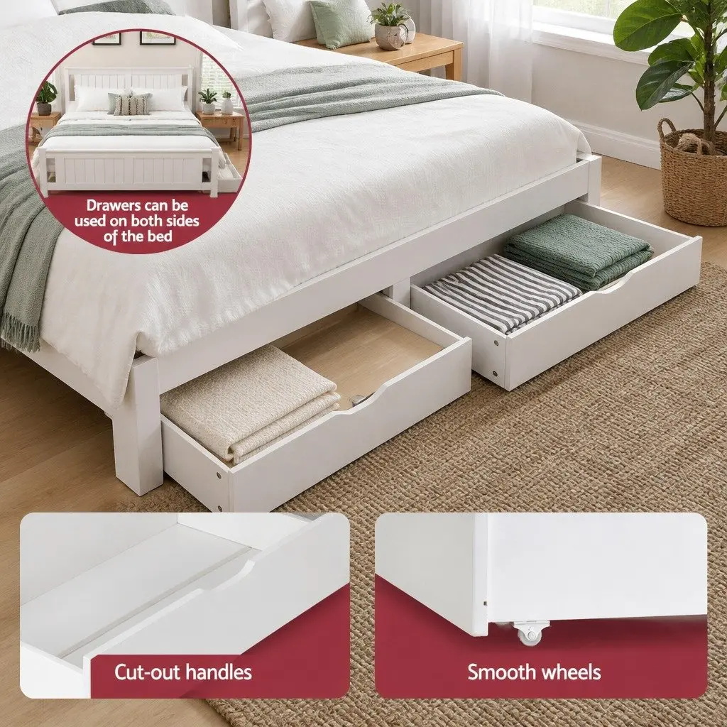 Double Bed Frame Wooden Platform White Storage Drawers Slat Base Australian