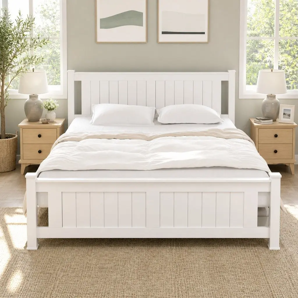 Double Bed Frame Wooden Platform White Storage Drawers Slat Base Australian