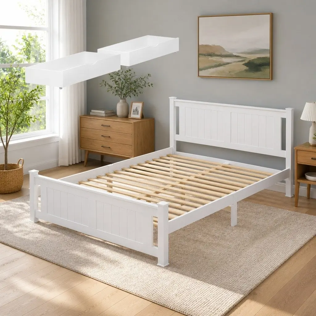 Double Bed Frame Wooden Platform White Storage Drawers Slat Base Australian