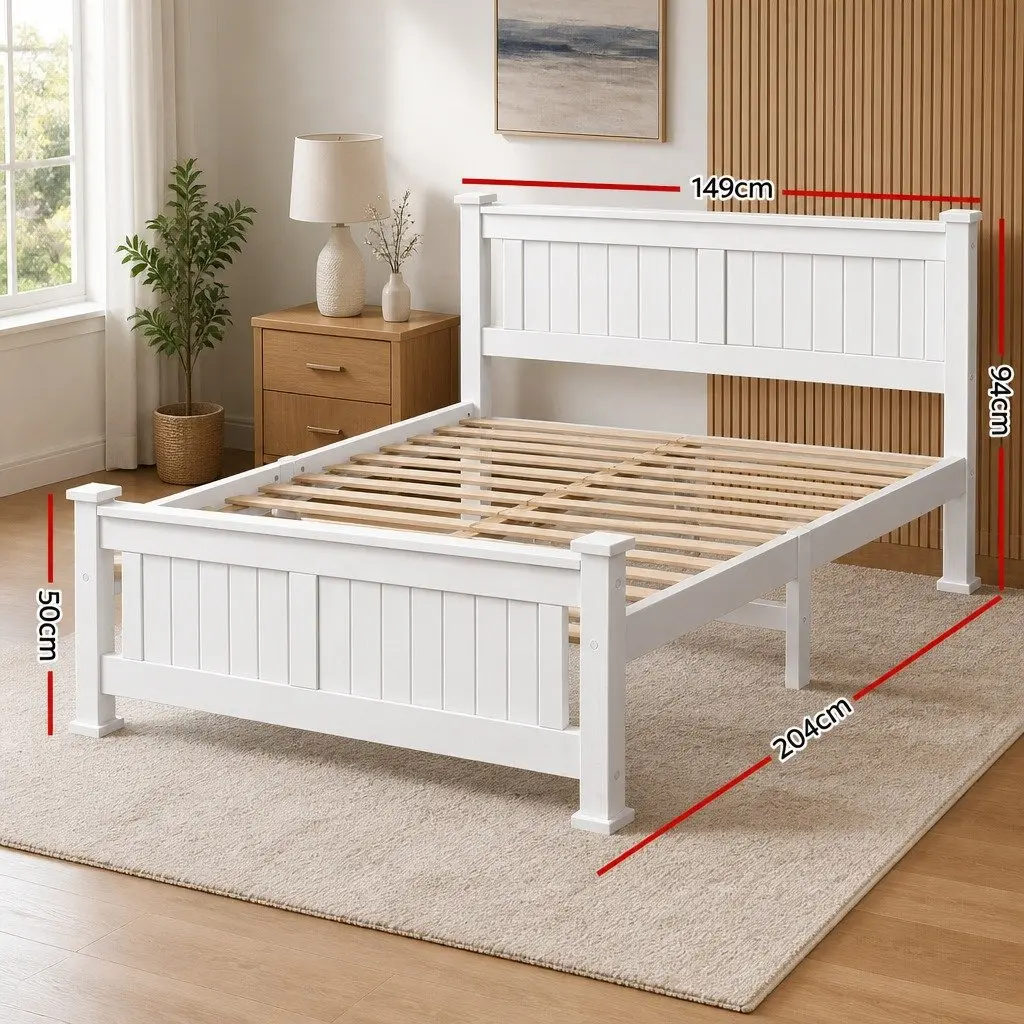 Double Bed Frame Wooden White Slat Base Bedroom 204cm x 149cm x 94cm