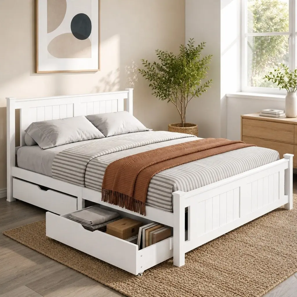 Queen Size Bed Frame Wooden Platform Storage Drawers White Bedroom Furniture