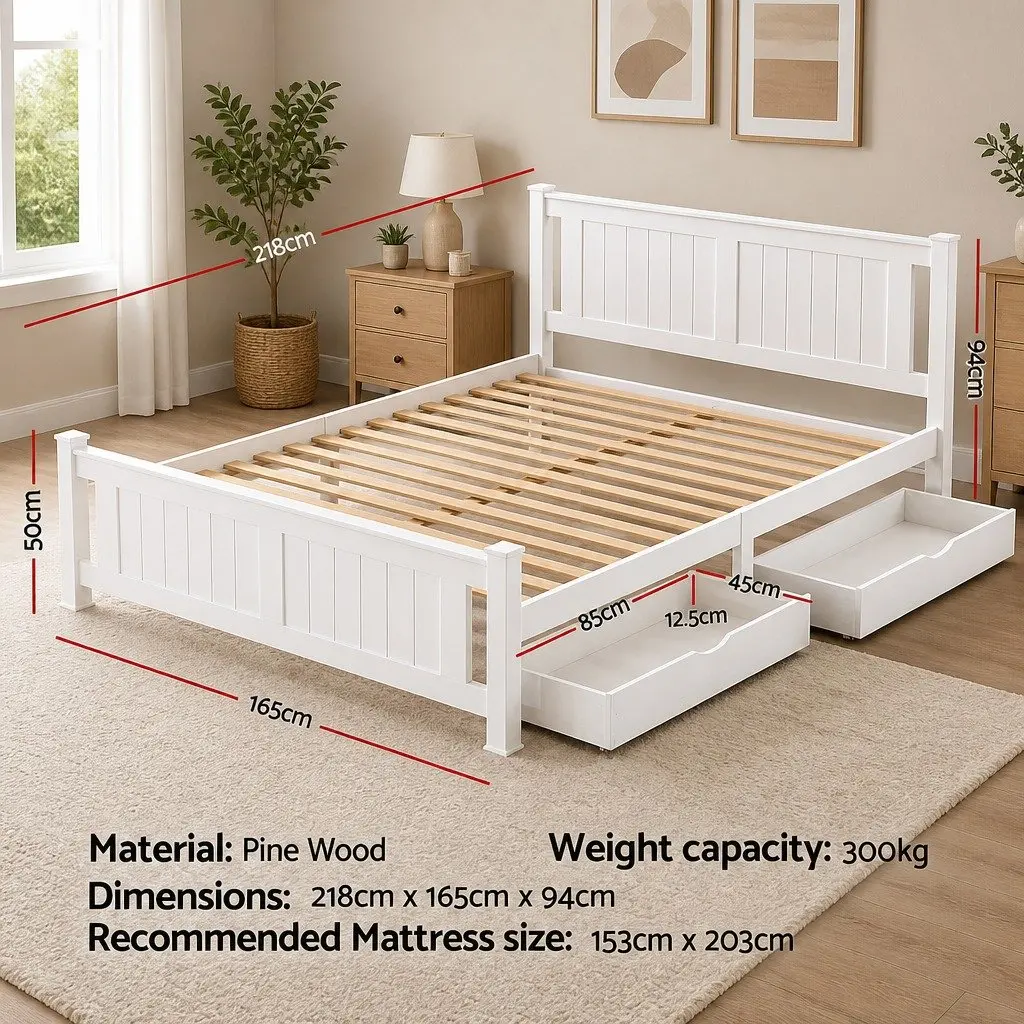 Queen Size Bed Frame Wooden Platform Storage Drawers White Bedroom Furniture