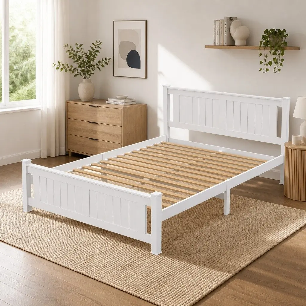 Queen Size Bed Frame Wooden Platform Storage Drawers White Bedroom Furniture