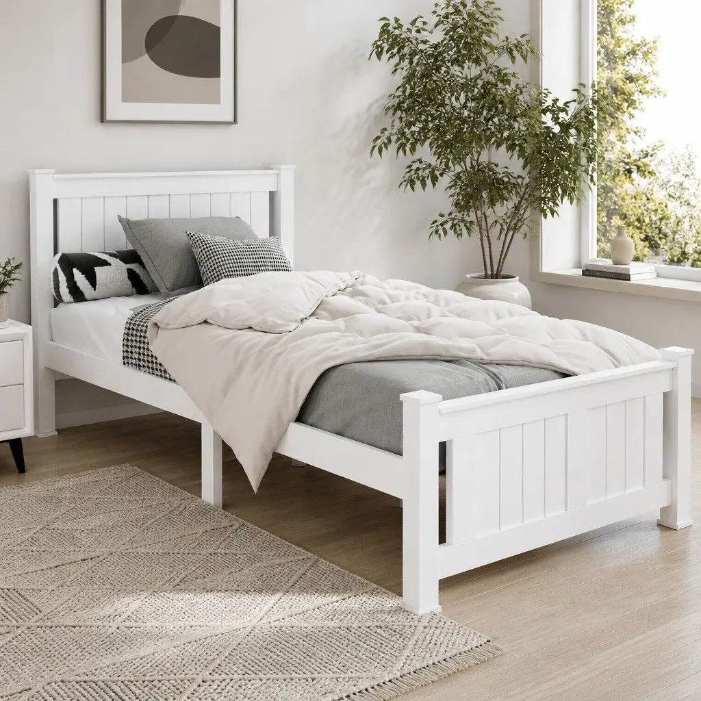 Single Bed Frame White Wooden Pine Timber Bedroom Furniture with Headboard
