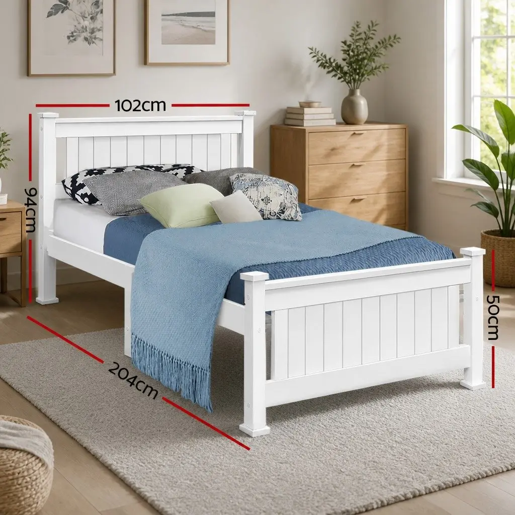 Single Bed Frame White Wooden Pine Timber Bedroom Furniture with Headboard