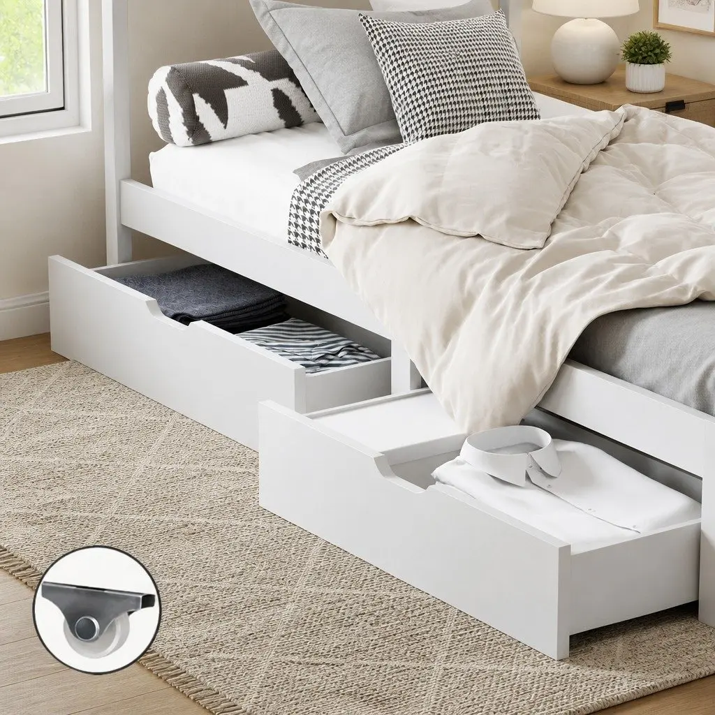 Trundle Drawers Set for Bedroom Storage White Wooden Underbed Drawers with Castors 2 Piece