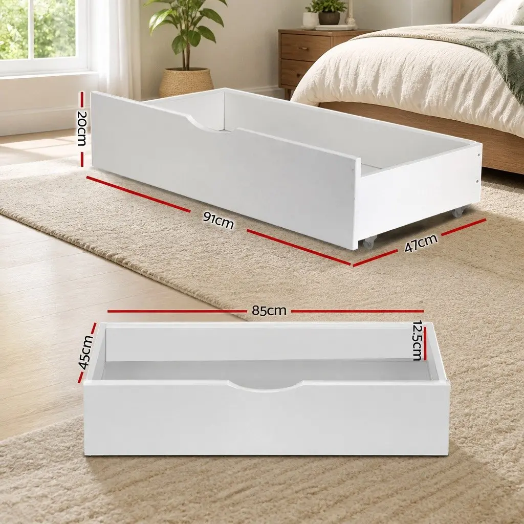 Trundle Drawers Set for Bedroom Storage White Wooden Underbed Drawers with Castors 2 Piece