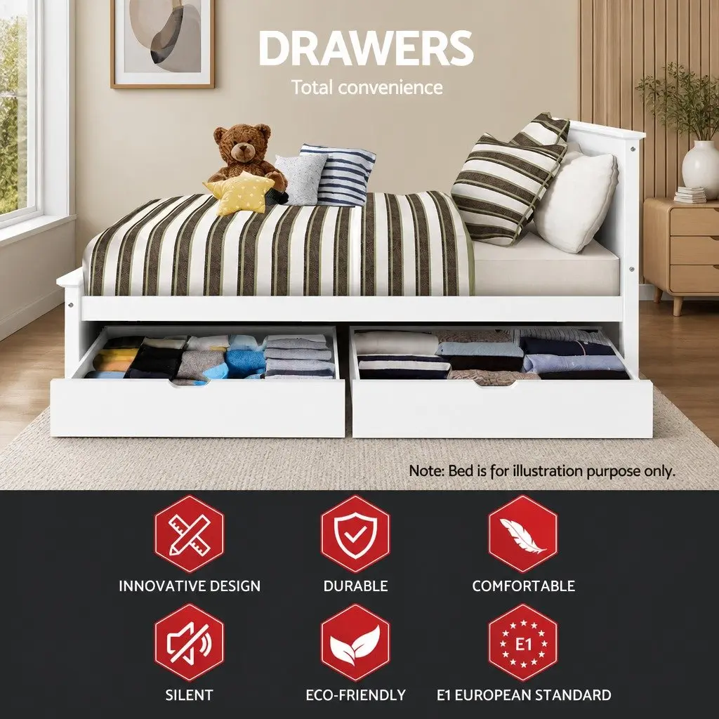 Trundle Drawers Set for Bedroom Storage White Wooden Underbed Drawers with Castors 2 Piece