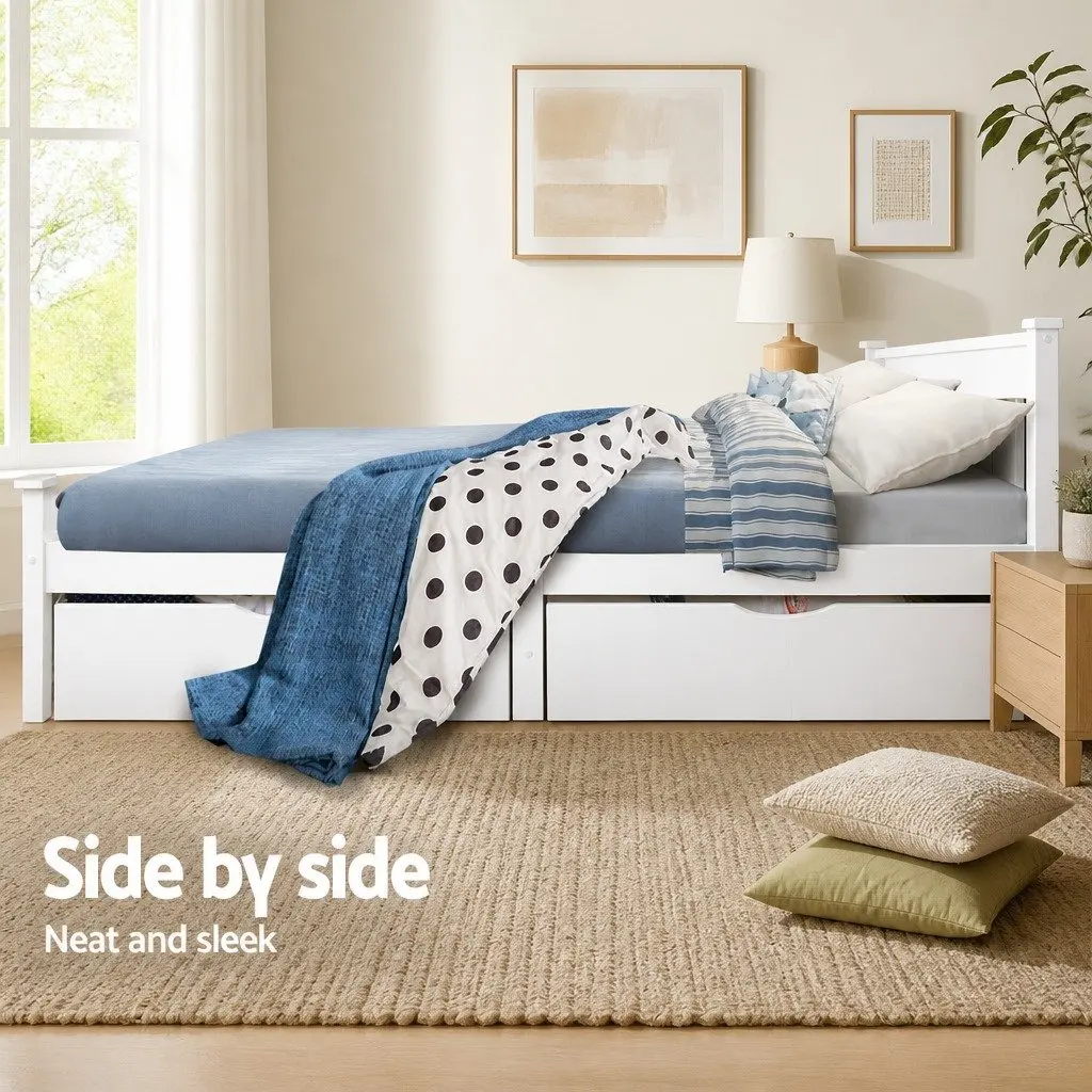 Trundle Drawers Set for Bedroom Storage White Wooden Underbed Drawers with Castors 2 Piece