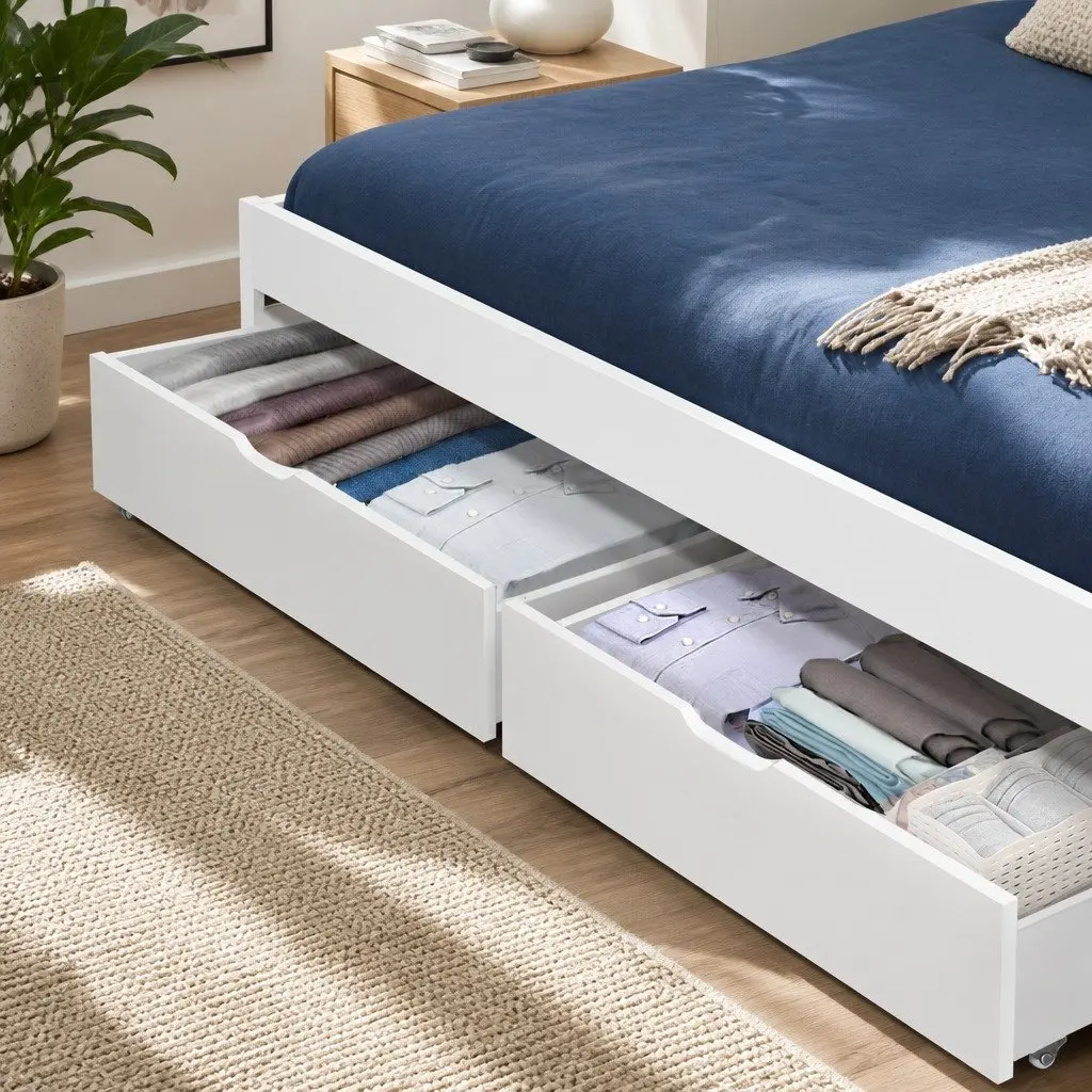 Trundle Drawers Set for Bedroom Storage White Wooden Underbed Drawers with Castors 2 Piece