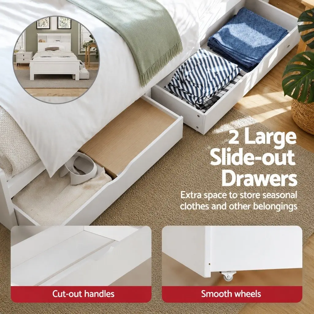 King Single Bed Frame Wooden Storage Drawers White Headboard Shelves