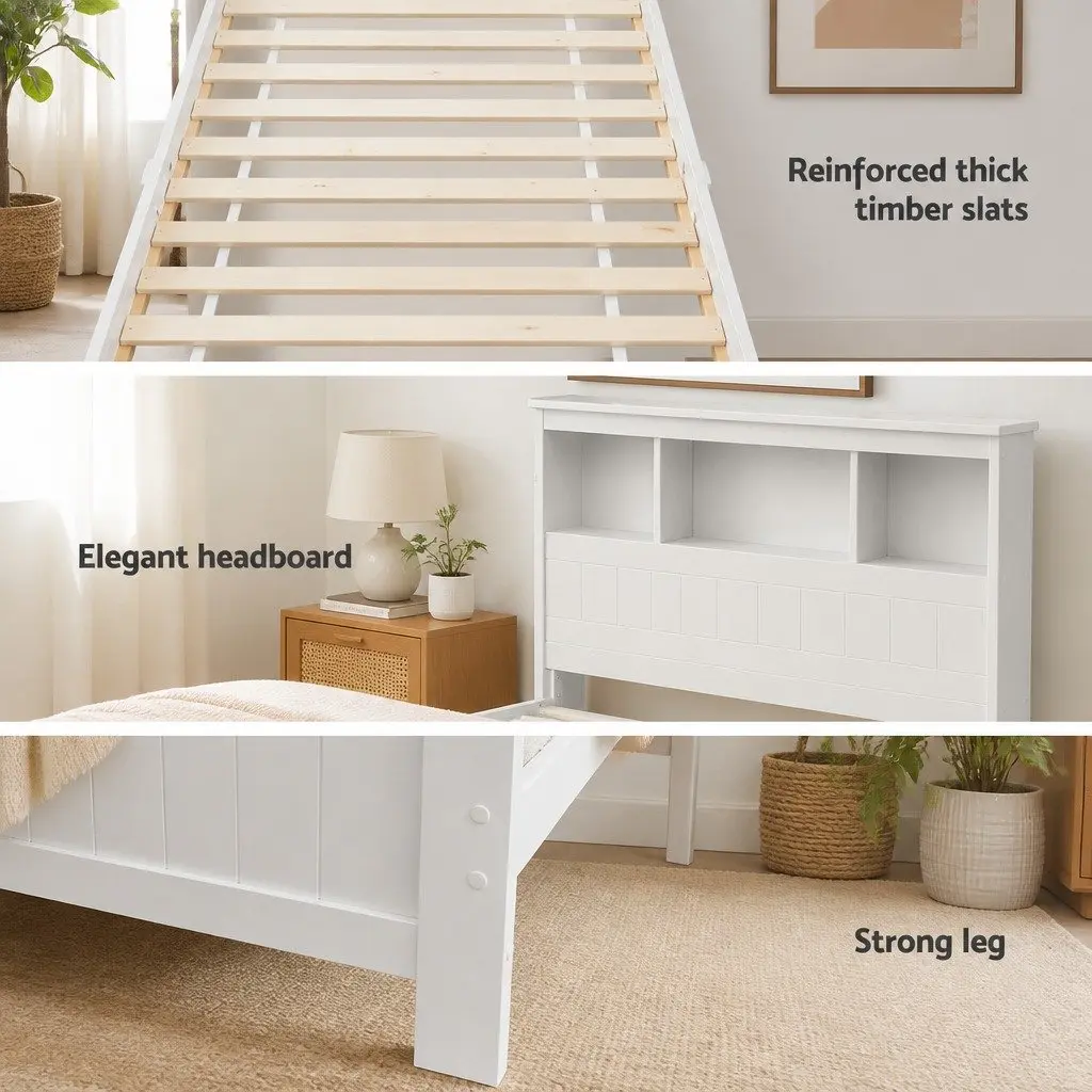 King Single Bed Frame Wooden Storage Drawers White Headboard Shelves