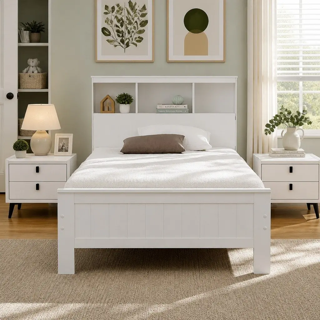 King Single Bed Frame Wooden Storage Drawers White Headboard Shelves