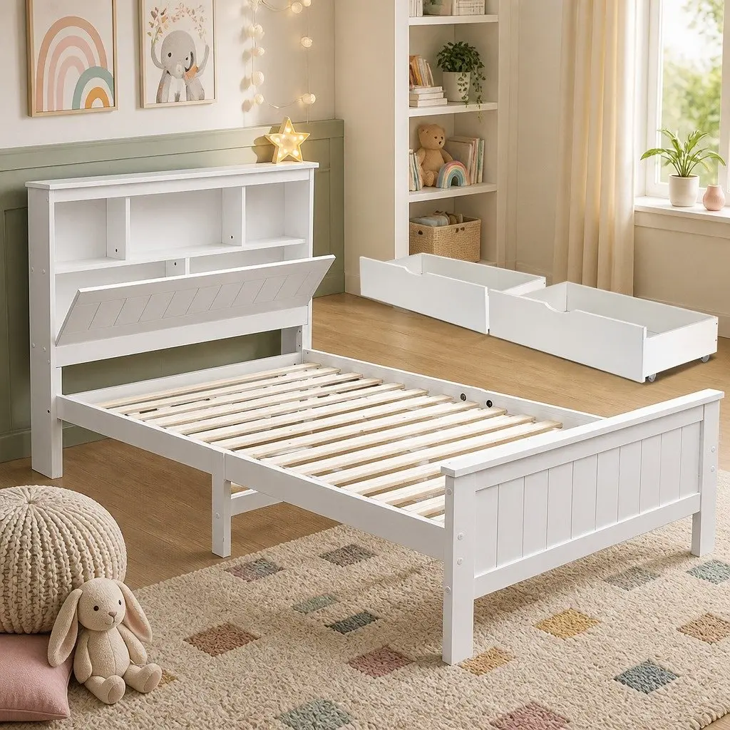 King Single Bed Frame Wooden Storage Drawers White Headboard Shelves