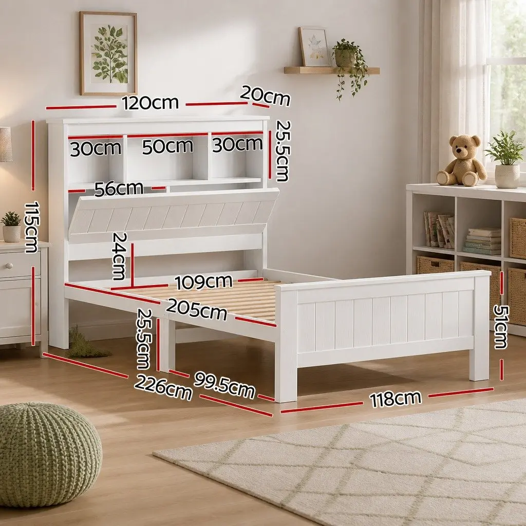 Bed Frame King Single Size Wooden with 3 Shelves Storage Bed Head White