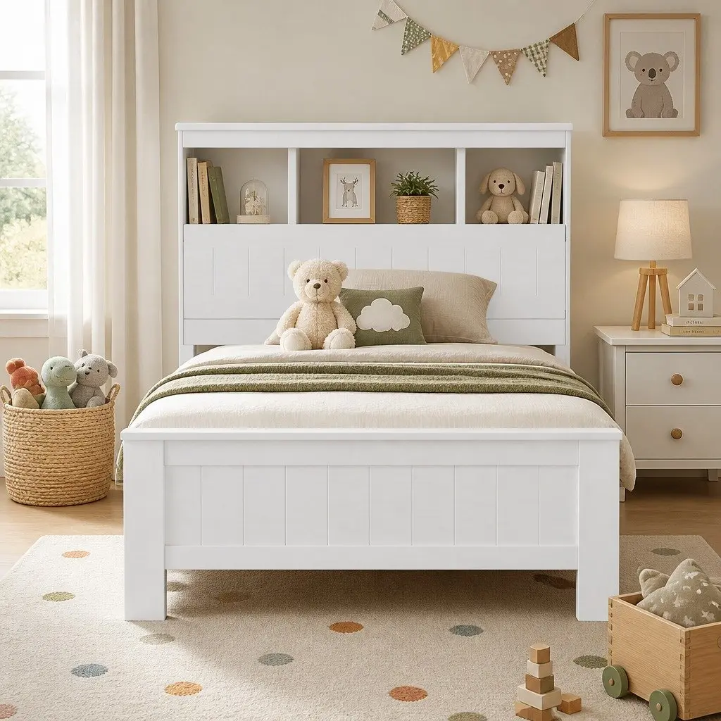 Bed Frame King Single Size Wooden with 3 Shelves Storage Bed Head White