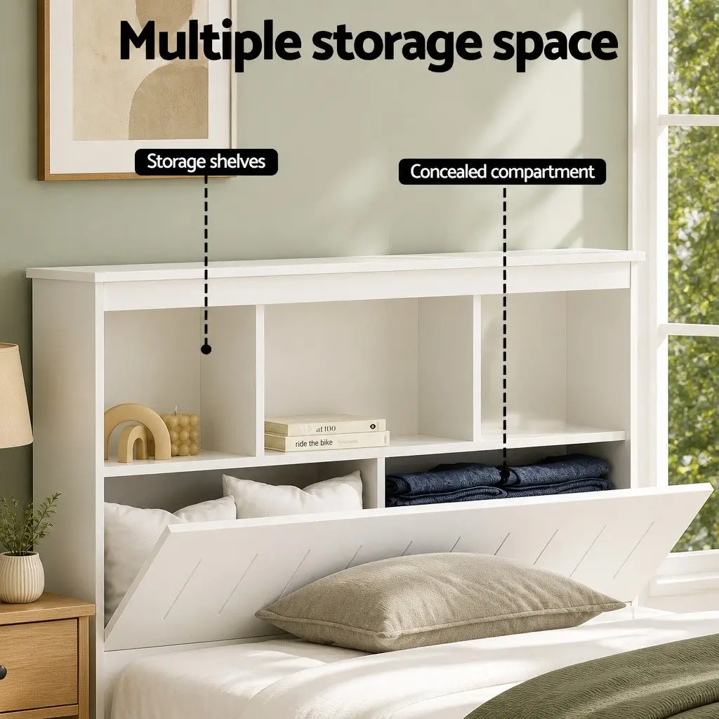 Bed Frame King Single Size Wooden with 3 Shelves Storage Bed Head White