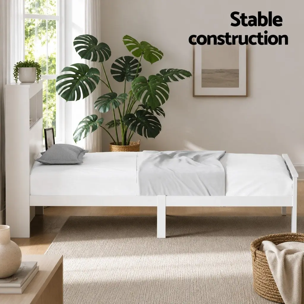 Bed Frame King Single Size Wooden with 3 Shelves Storage Bed Head White
