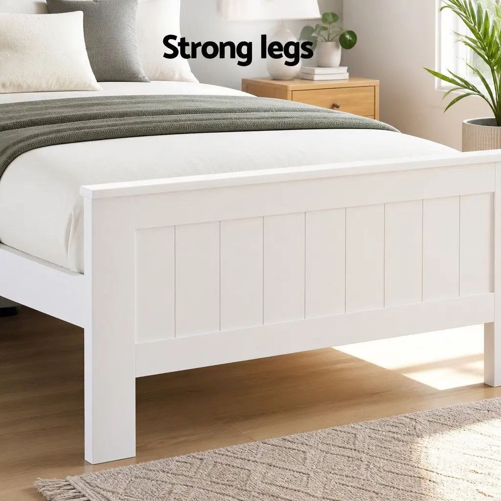 Bed Frame King Single Size Wooden with 3 Shelves Storage Bed Head White