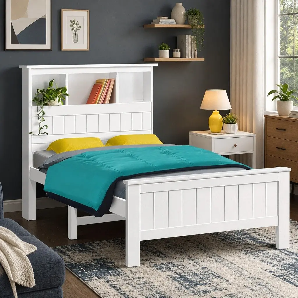 Bed Frame King Single Size Wooden with 3 Shelves Storage Bed Head White