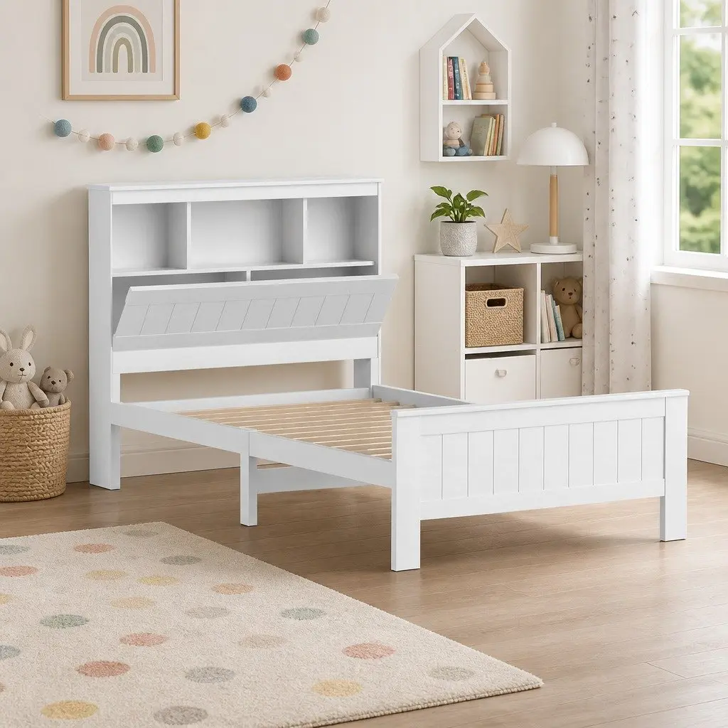 Bed Frame King Single Size Wooden with 3 Shelves Storage Bed Head White