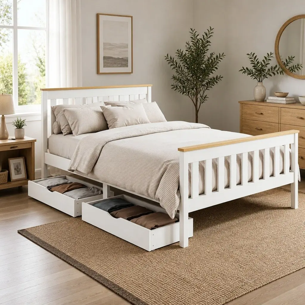 Double Bed Frame Wooden Platform Storage Drawers White Bedroom Furniture