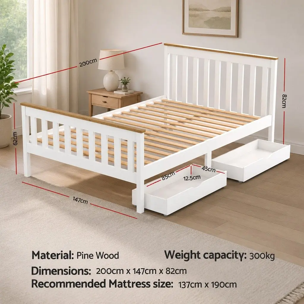 Double Bed Frame Wooden Platform Storage Drawers White Bedroom Furniture