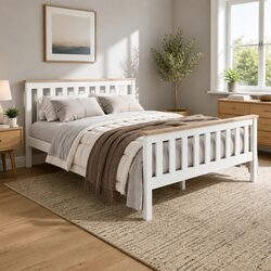 Double Bed Frame Specifications: Solid Pine Wood, White Finish